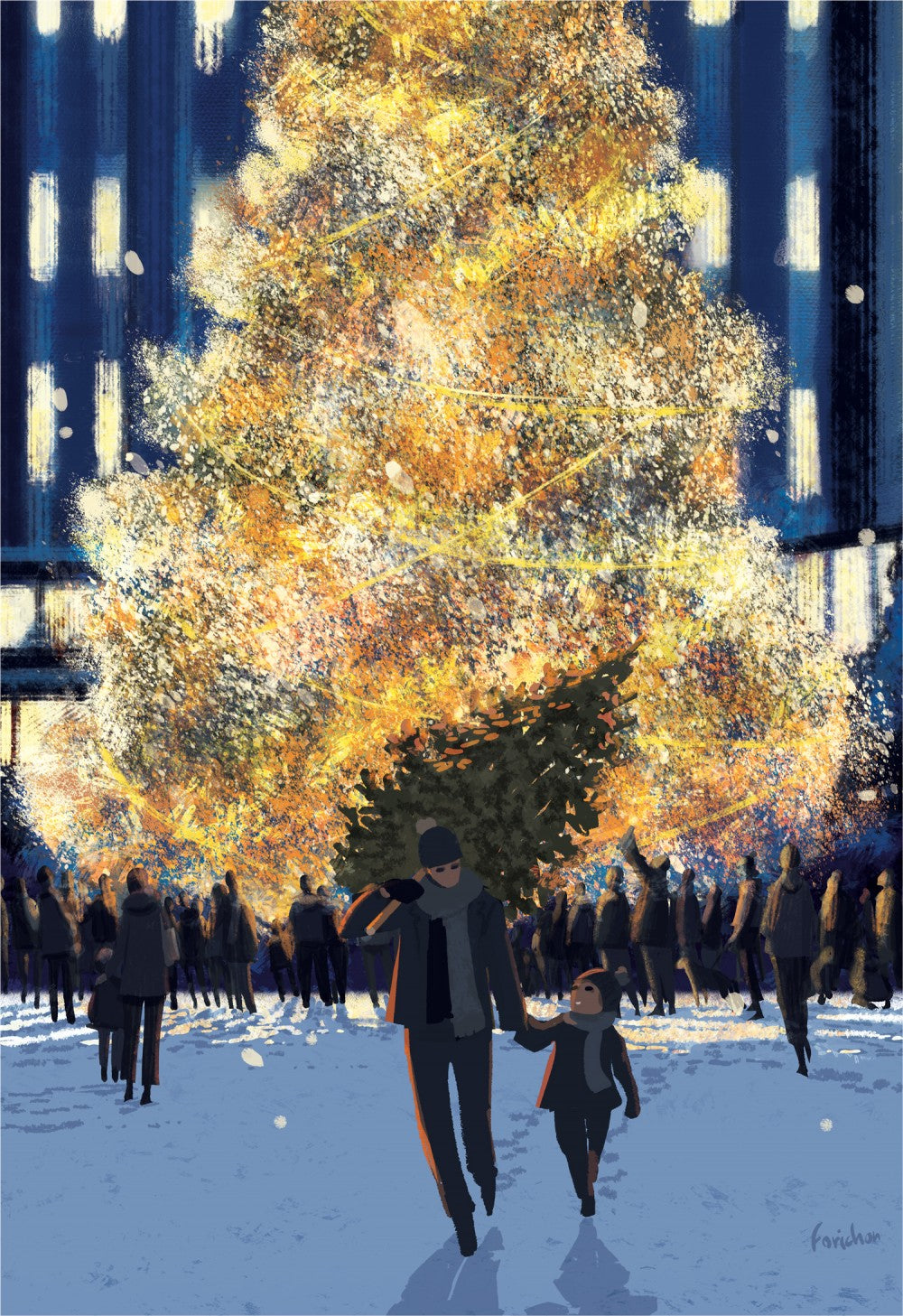 Illustration de Matthieu Forichon pour la couverture du New Yorker de décembre 2022, une scène de Noël à New York autour du sapin du Rockfeller Center