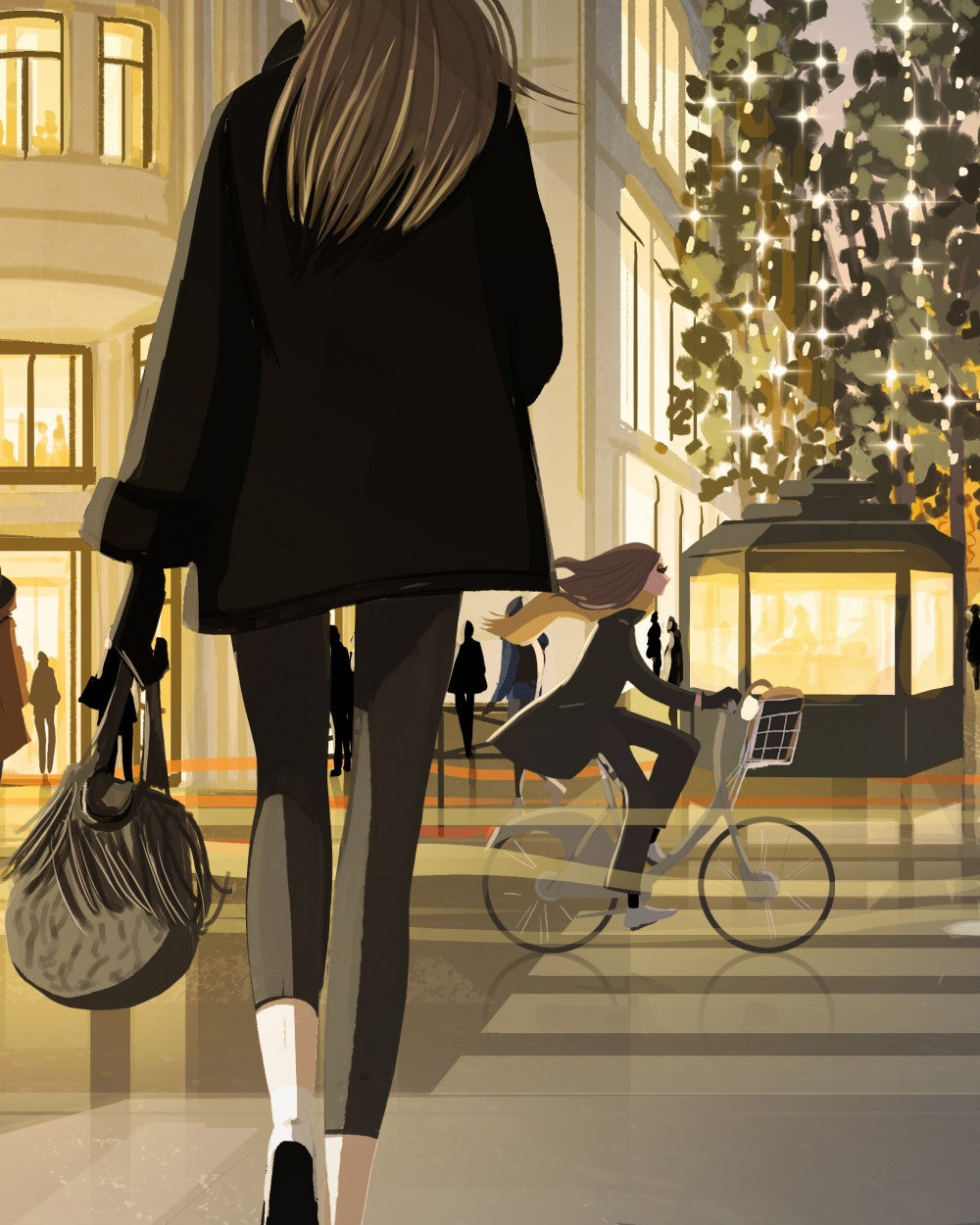 Détail d’une illustration des Champs-Élysées à Paris avec l’Arc de Triomphe en arrière-plan