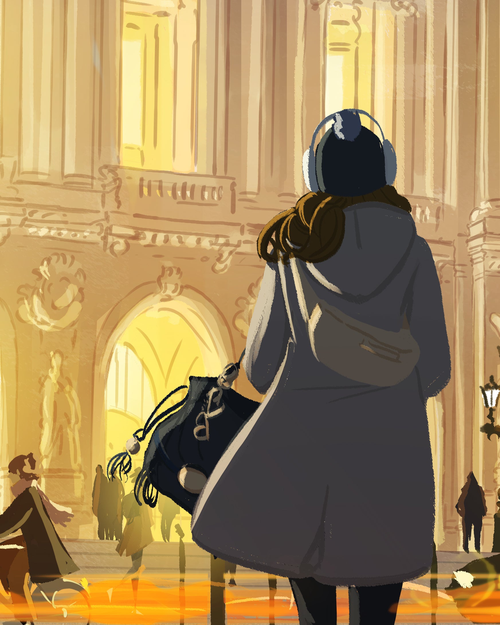 Détail d’une illustration parisienne de l’Opéra Garnier et du Café de la Paix