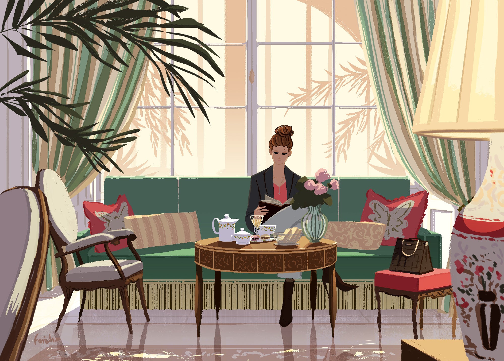 Illustration de Matthieu Forichon représentant le Café Antonia au Bristol Paris