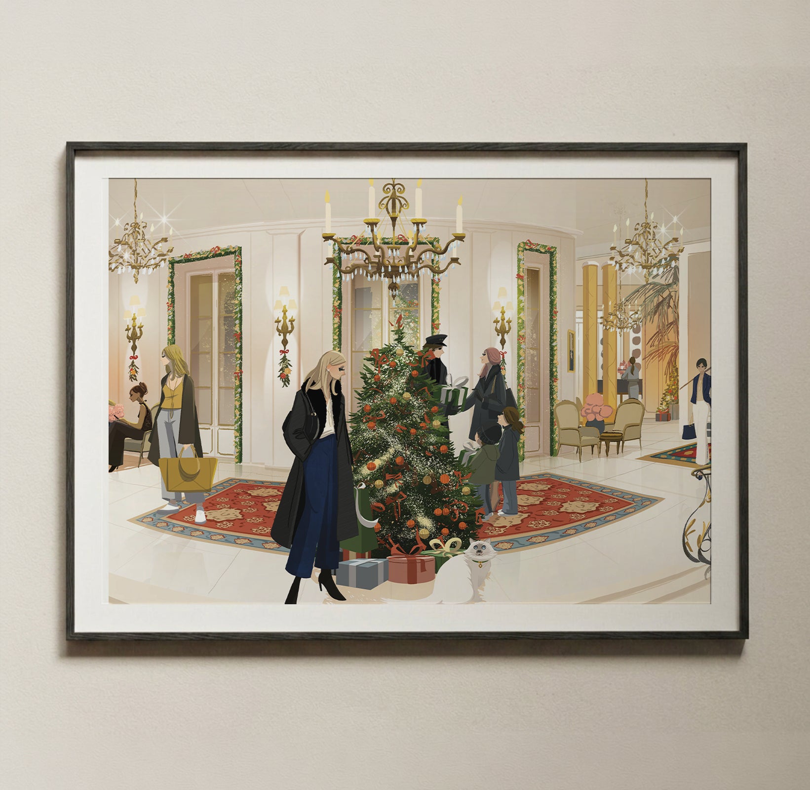 Illustration encadrée du Bristol Paris à Noël par Matthieu Forichon