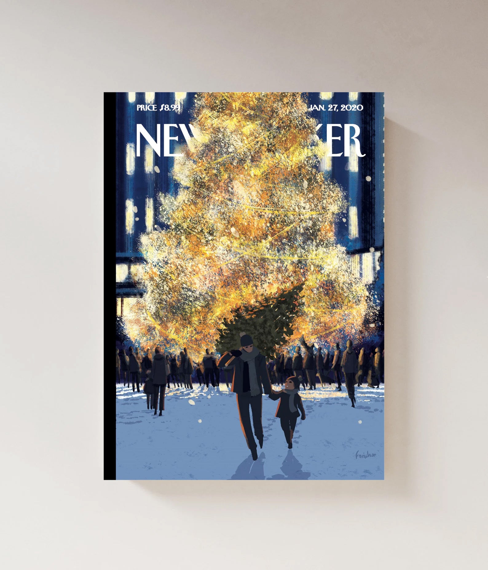 Illustration encadrée de la couverture du New Yorker de décembre 2022 par Matthieu Forichon