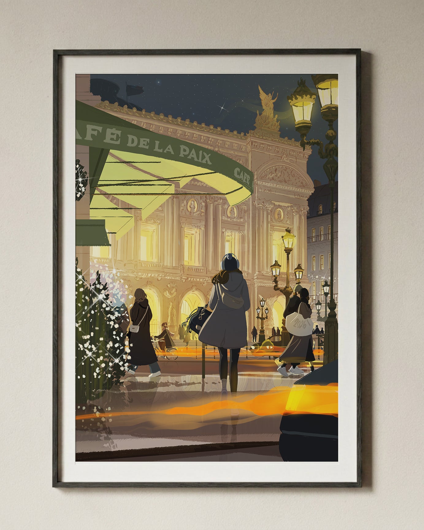 Illustration encadrée de Paris représentant l’Opéra Garnier et le Café de la Paix