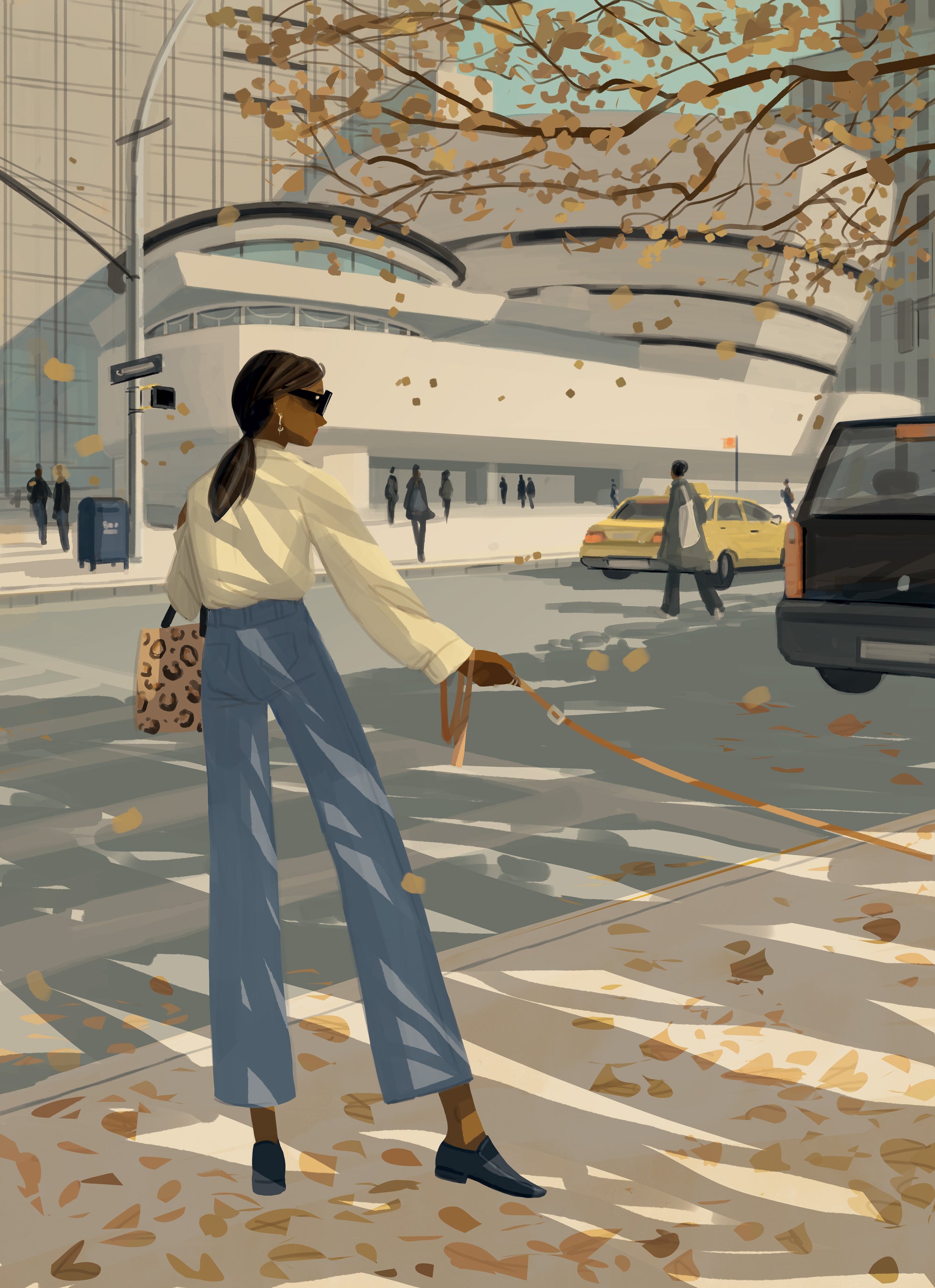 Illustration de Matthieu Forichon représentant une femme devant le Guggenheim Museum à New York en automne