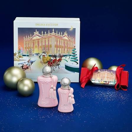Coffret rose Delina de Parfums de Marly avec illustration de Noël 2023 de Matthieu Forichon.