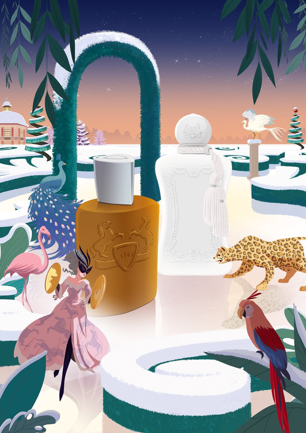 Illustration de flacons Parfums de Marly dans un décor de jardin enneigé, avec animaux et personnages fantastiques.