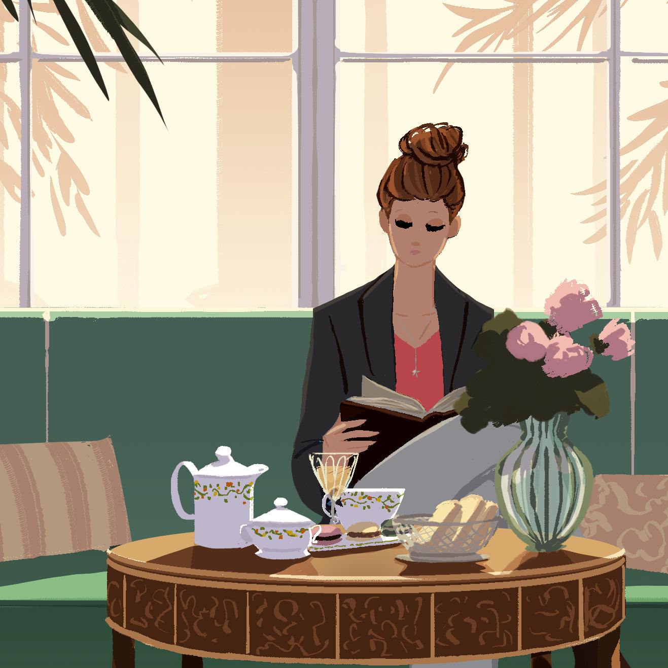 Détail de l’illustration du Café Antonia au Bristol Paris avec service du thé et silhouette élégante