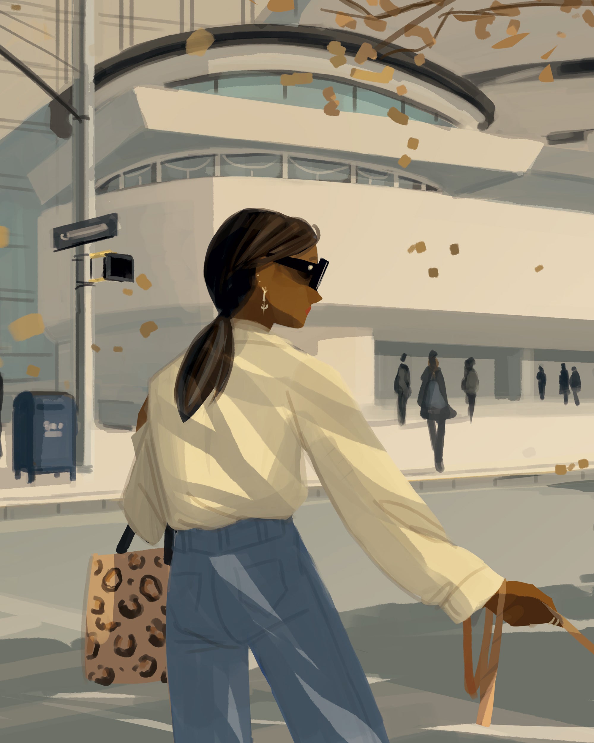 Détail d’une illustration new-yorkaise avec silhouette féminine, feuilles d’automne et architecture du Guggenheim Museum