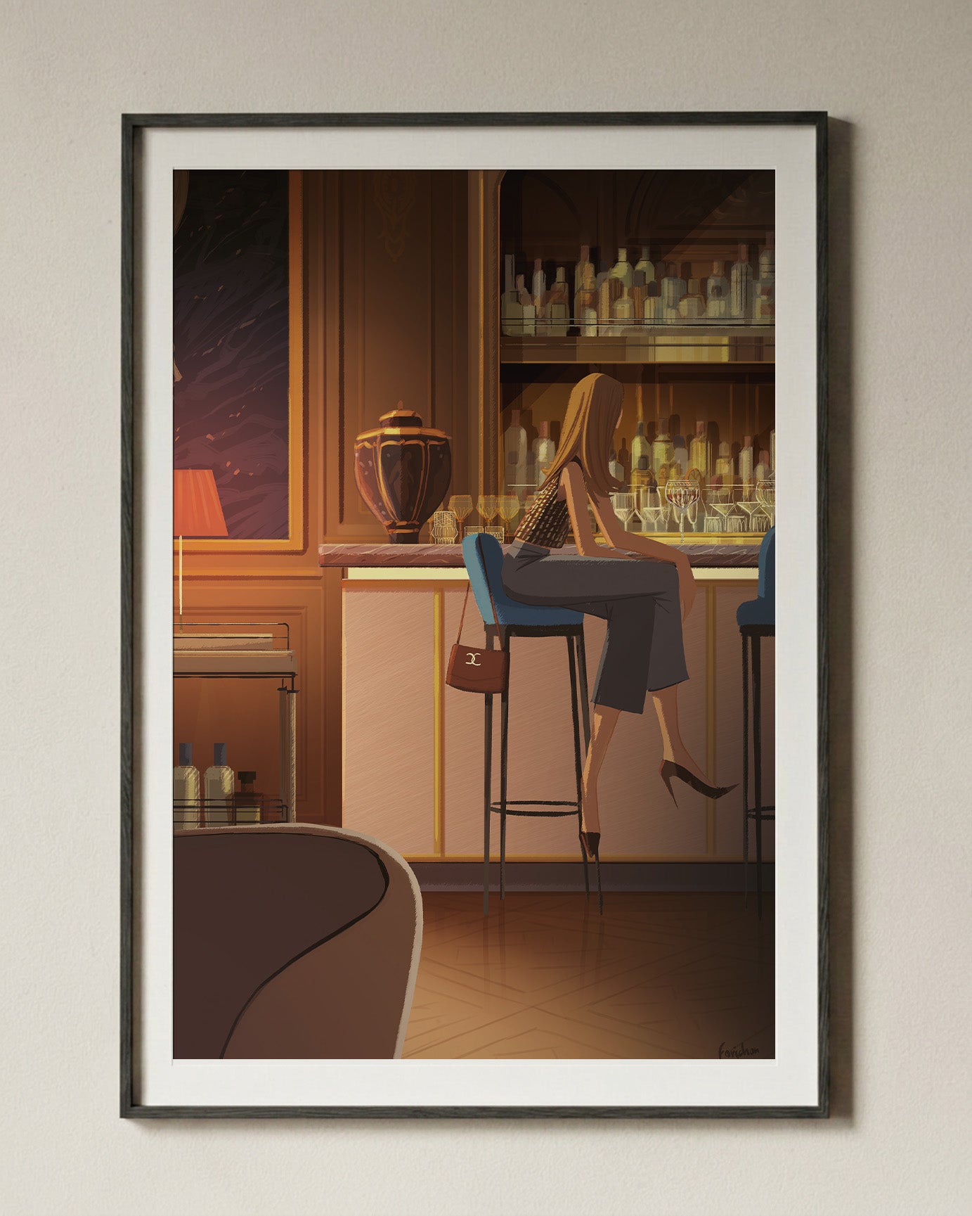Illustration encadrée du Bar Kléber au Peninsula Paris par Matthieu Forichon