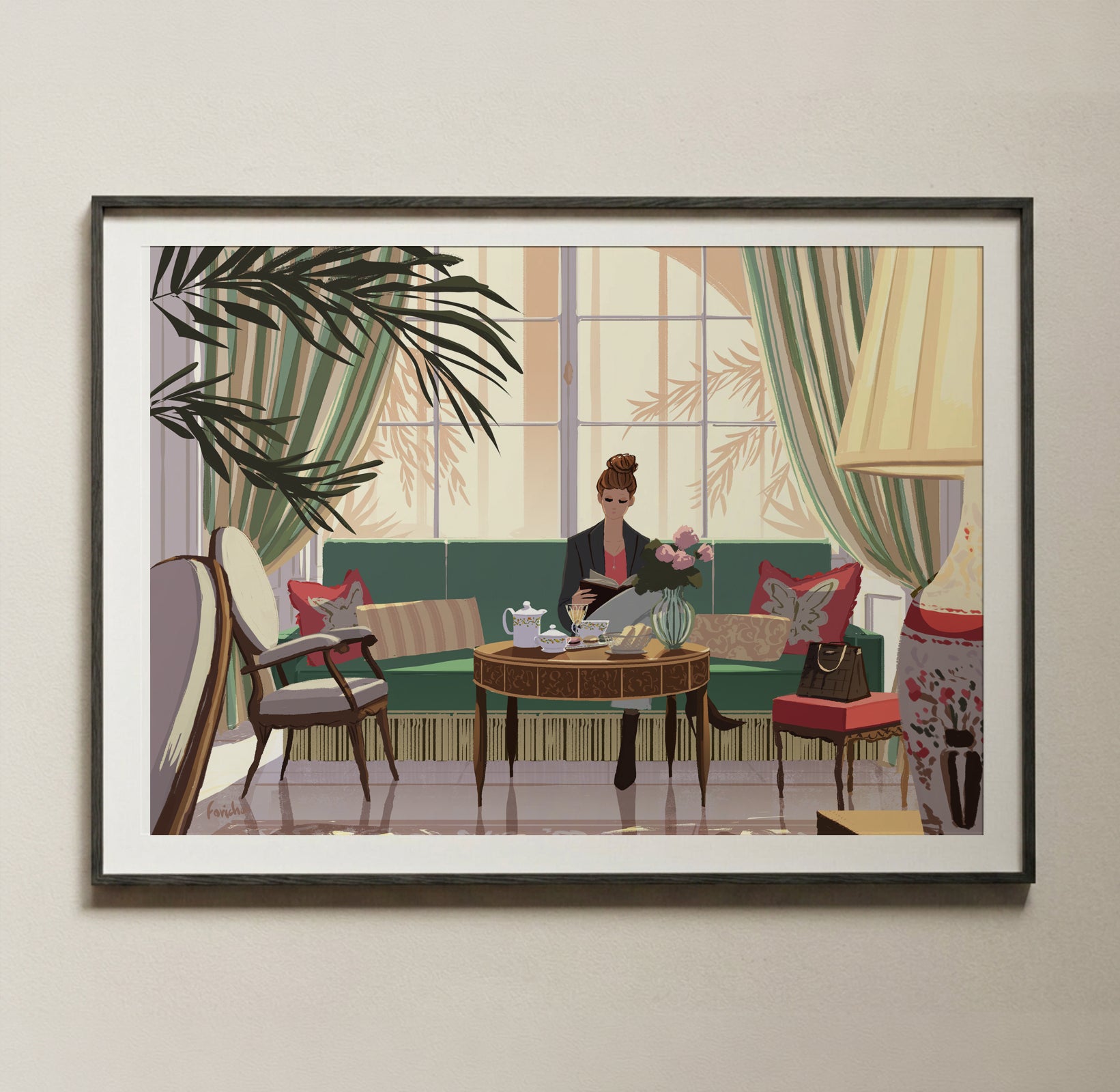 Illustration encadrée du Café Antonia au Bristol Paris par Matthieu Forichon