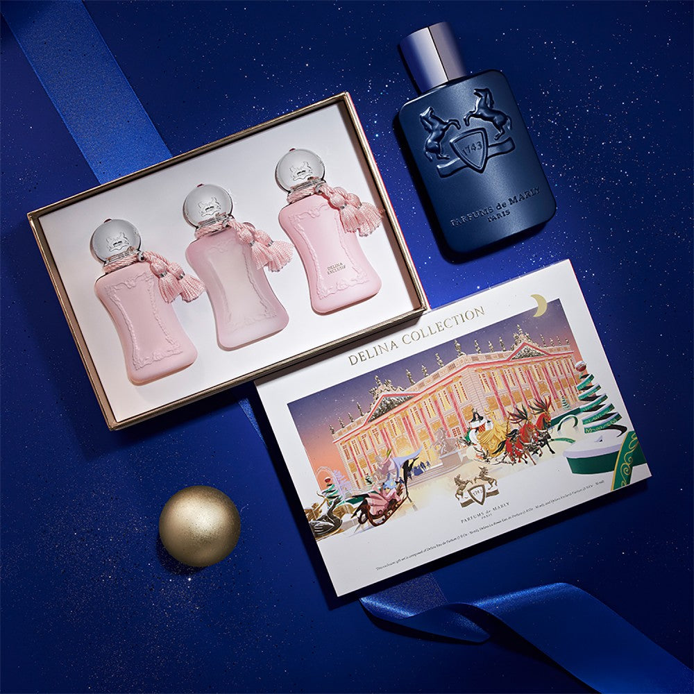 Coffret Delina Collection de Parfums de Marly avec packaging illustré pour la campagne de Noël 2023.