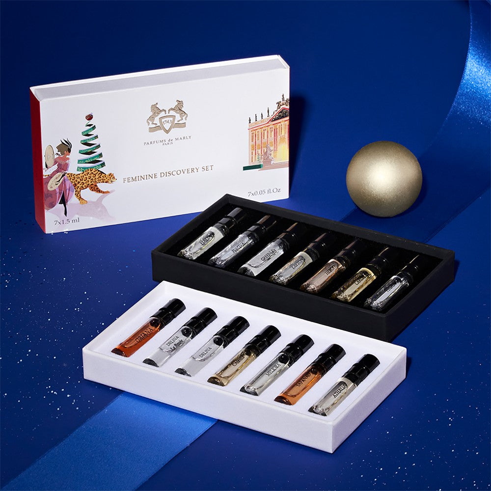 Feminine Discovery Set de Parfums de Marly avec décor illustré par Matthieu Forichon pour Noël 2023.